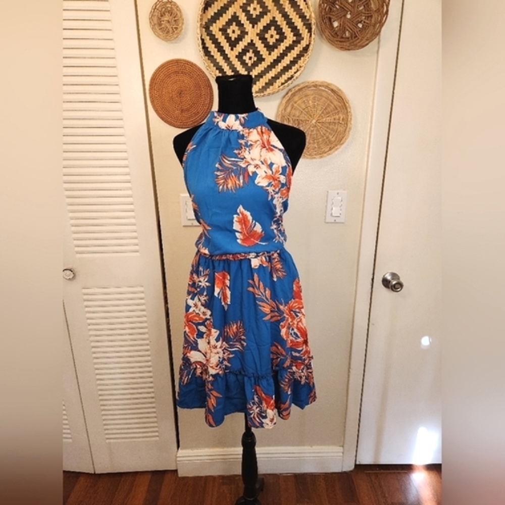 Blue Floral Sleeveless Mini Dress